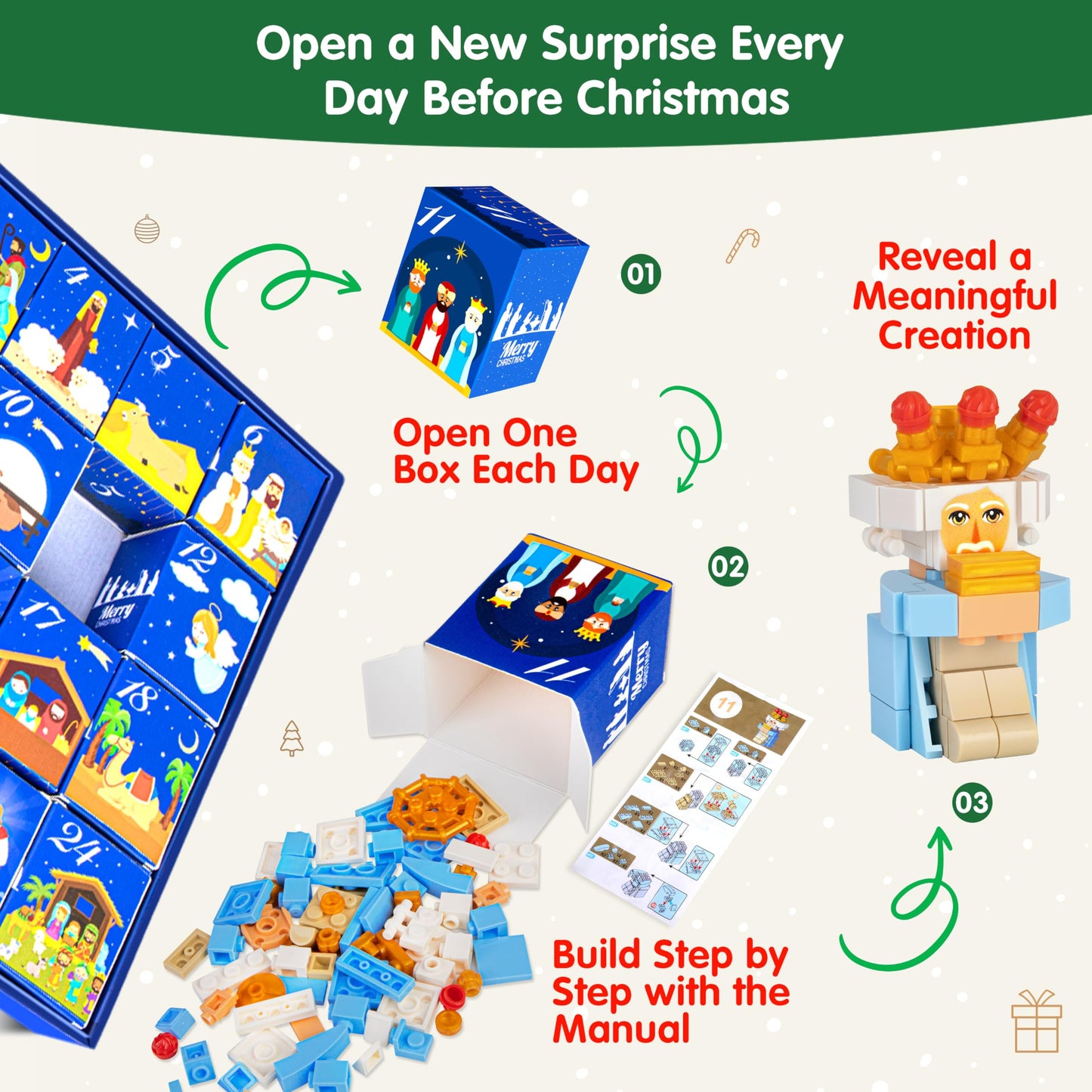 Nativity Advent Calendar 2025 Kids – 24 Days Building Blocks Kits Christmas Gifts Countdown Calendar Set, Stocking Stuffer Building Toys for Boys, Girls, Teens & Adults Ages 6+