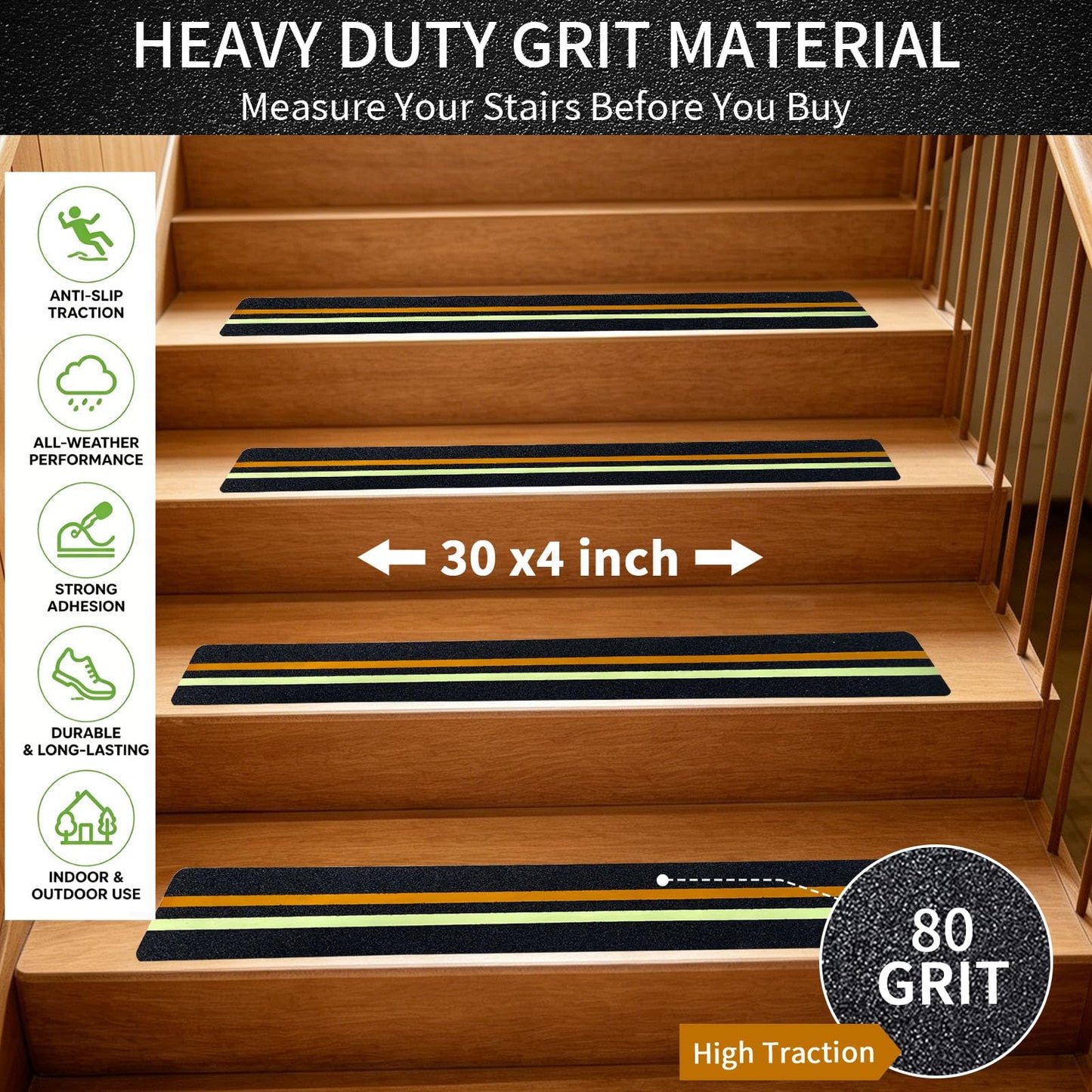 TOTAT 15 Pack Glow in the Dark & Reflective Non Slip Grip Strips, 4" x 30" Precut Anti Slip Tape for Stairs, Heavy Duty Waterproof Safety Treads Strips for Outdoor/Indoor Steps, Decks & Garages