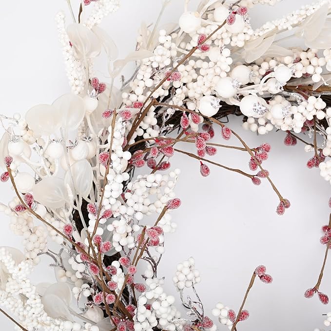 24 inch Winter Wreath for Front Door,Christmas Wreaths Front Door with White Eucalyptus Leaves and White Red Berry Outdoor/Indoor Wall Window Thanksgiving Décor Fireplace Christmas Decorations