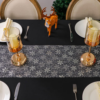 Snowkingdom 2 Pcs Christmas Snowflake Silver Table Runner 108 Inch Sparkly Silver Glitter Metallic Runners Decorations for Seasonal Winter Festival Holiday Home Party