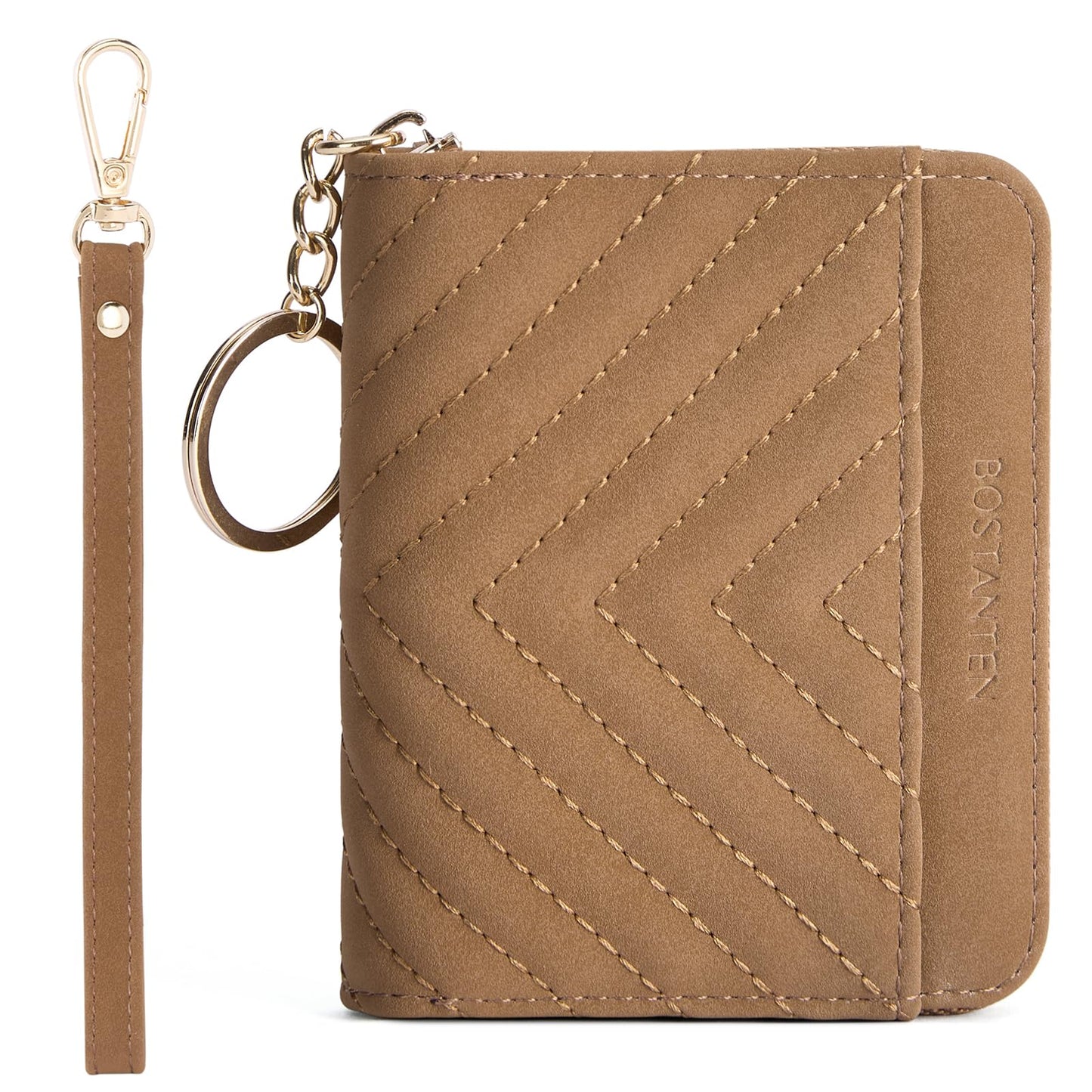 BOSTANTEN Credit Card Holder Wallet RFID Blocking Leather Small Wallet for Women Zipper Keychain Wallet with Wristlet Suede Brown