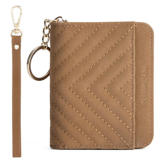 BOSTANTEN Credit Card Holder Wallet RFID Blocking Leather Small Wallet for Women Zipper Keychain Wallet with Wristlet Suede Brown