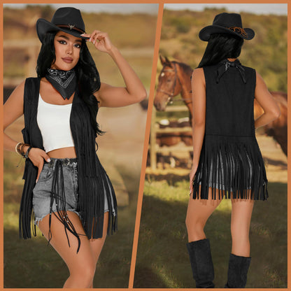 GERVAISE Womens Western Cowgirl Costume 70s Hippie Tassels Fringe Vest outfit Hat 5pcs (Black, Large)