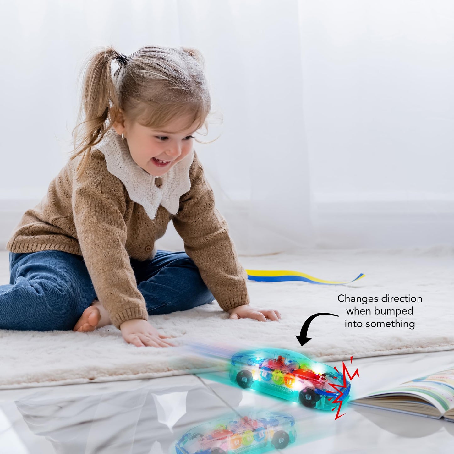 ArtCreativity Light Up Transparent Sensory Car Toy for Kids, 1PC, Bump and Go Toy Car with Colorful Moving Gears, Music, and LED Effects, Easter Toys for Toddlers, Great Birthday Gift Idea