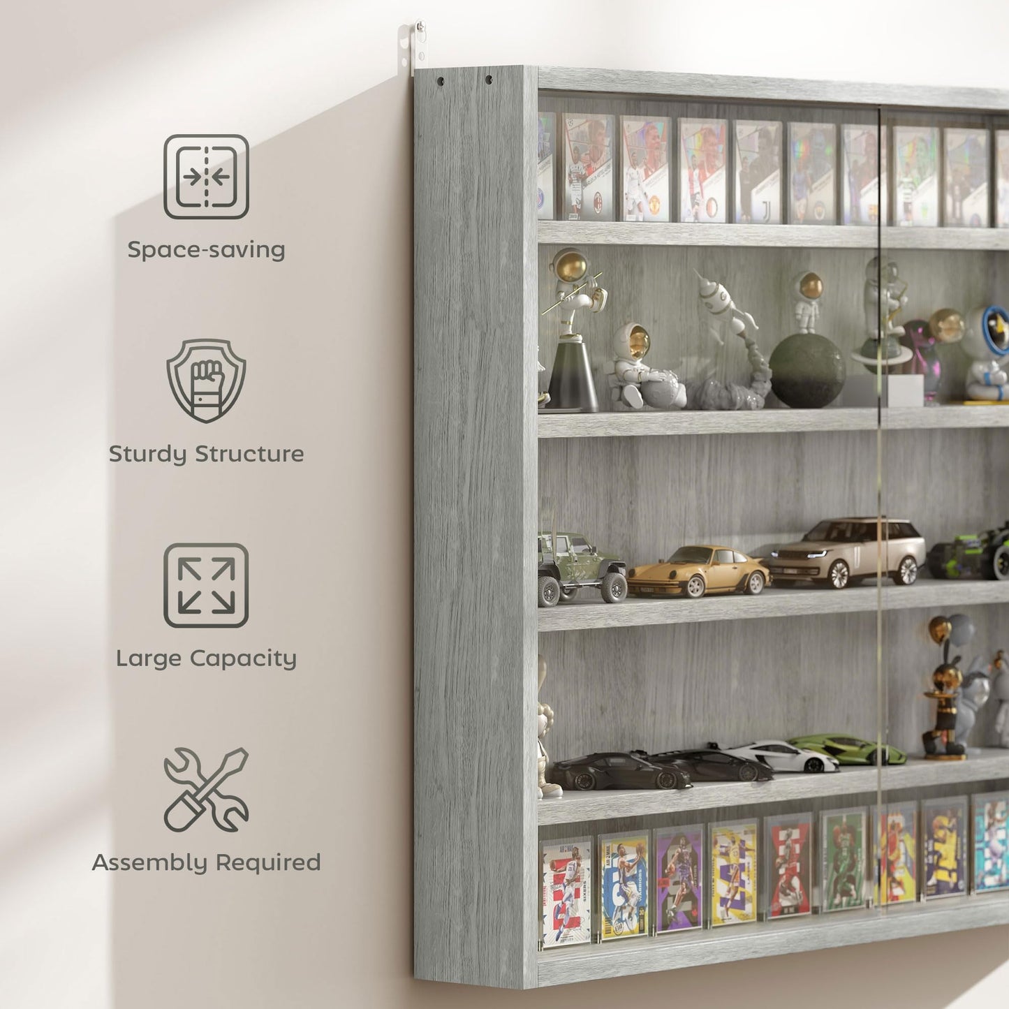 HOMCOM 5-Tier Display Cabinet, Glass Door Cabinet with Adjustable Shelves, Wall-Mounted Display Case for Playroom, Bedroom, Gray