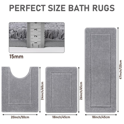 Pauwer Microfiber Soft Bath Mat Set 3 Piece Absorbent Bathroom Toilet Rug Non Slip Machine Washable Bath and Pedestal Mat Sets, Grey
