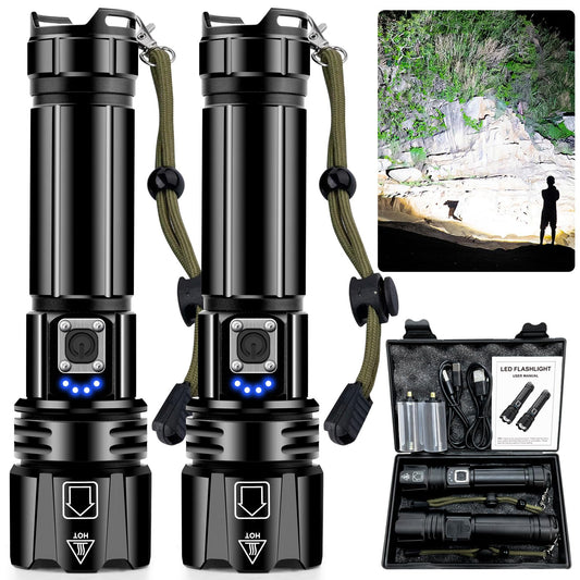 ANKRA 90000LM High Lumen Rechargeable LED Flashlight, High Lumens XHP70.2, 10 Modes Zoomable,Waterproof,USB Output Power Bank,Tactical Flashlight for Camping,Hiking,Emergencies (2-Pack)