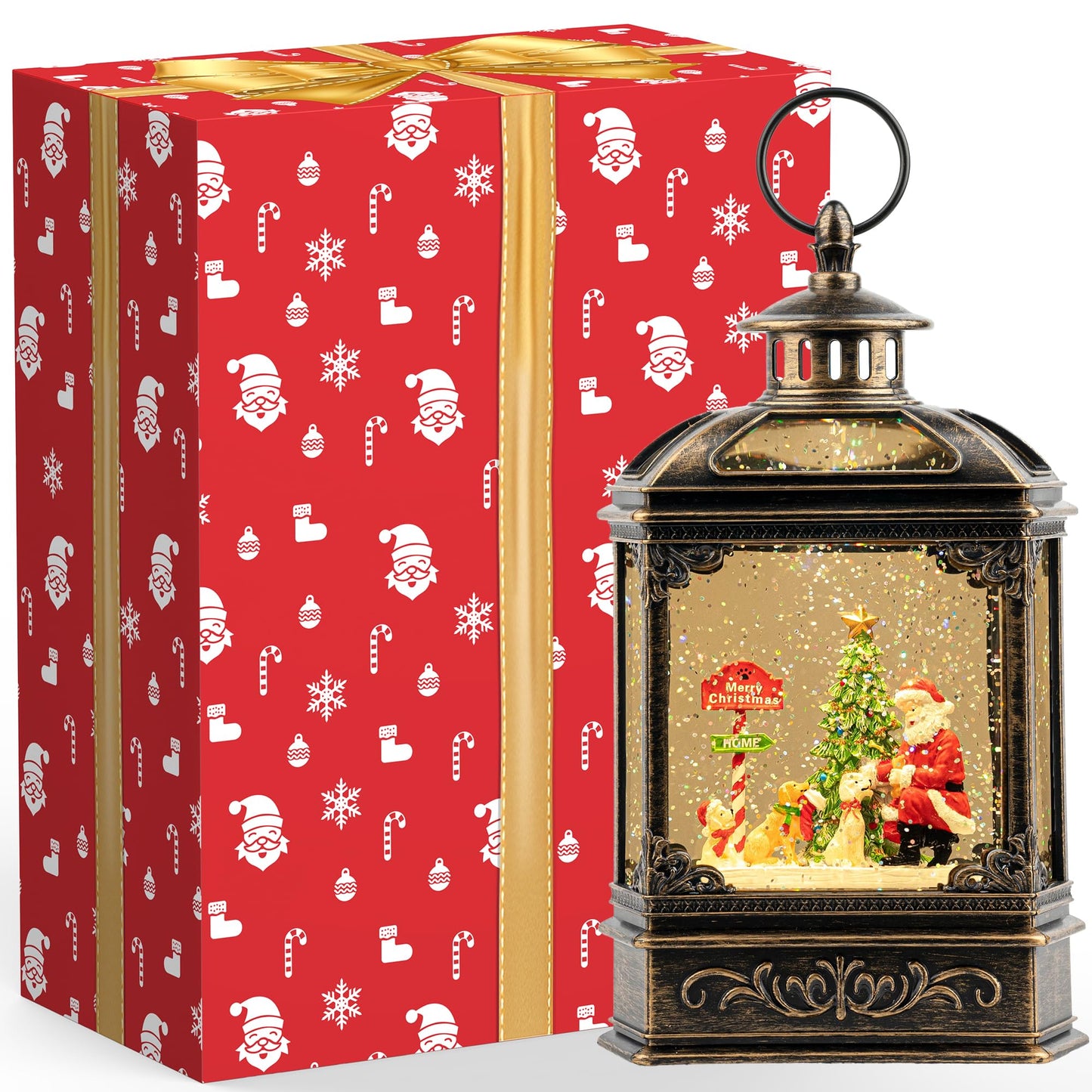 Snow Globe Lighted Christmas Decorations, Santa Claus & Pups Musical Water Lantern with Swirling Glitter, Christmas Holiday Party Gifts and Decorations
