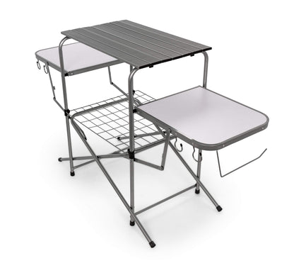 Camco Olympian Deluxe Portable Grill Table - Provides Plenty of Room for Grilling Gear While Camping - Folding Grilling Table Collapses for Compact Storage - Supports Up to 100lb (57293)
