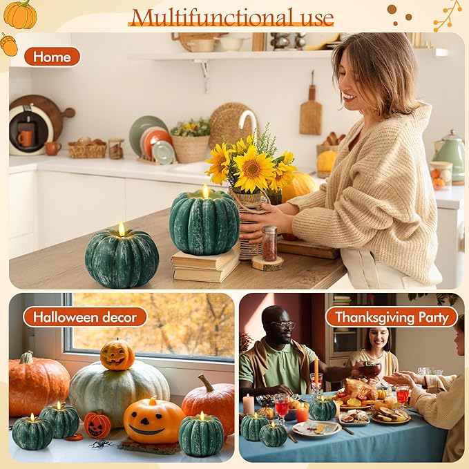 Retisee 3 Pcs Flameless Thanksgiving LED Candle Fall Light up Pumpkin Flameless Candles with Timer Remote Control, 4" 6" h Autumn Farmhouse Rustic Harvest Decor for Home Party(Green)