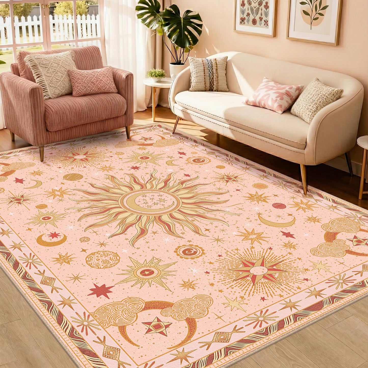 meejou 5x7 Area Rugs, Washable Vacuum-Friendly Non-Slip Rug Vintage Boho Gothic Sun and Moon Printed Pattern Low Pile Carpet for Living Room Bedroom Dining Room Hallway Entryway,Pink Gold Beige Red