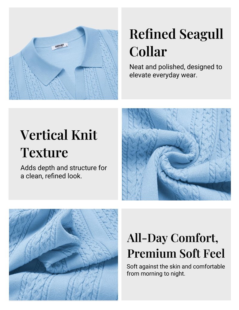 COOFANDY Knit Shirts for Men Polo Shirts Short Sleeve Casual Textured Collared Polo Shirt Golf Old Money Polos Light Blue
