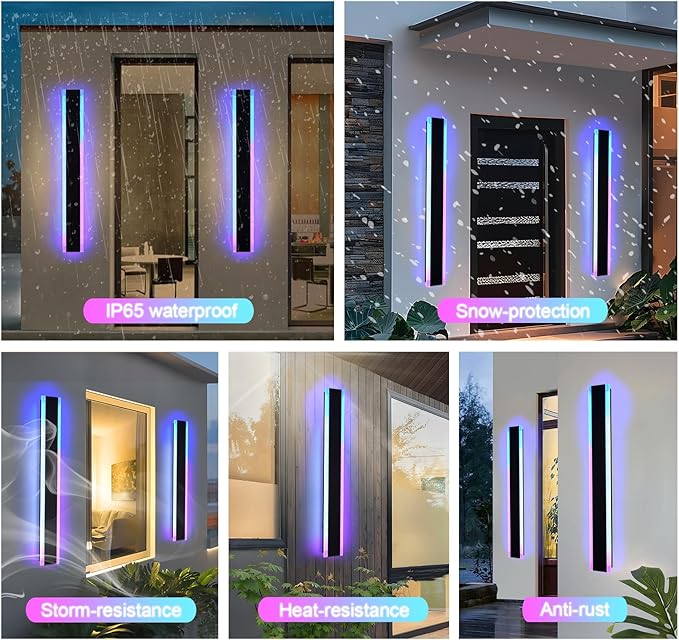 2 Pack Outdoor Led Wall Light, 48 inch Modern RGB Outdoor Wall Lights for Patio, Dimmable Exterior Long Linear Lighting, Wall Mounted Light Fixtures for Porch, Garage, Front Door