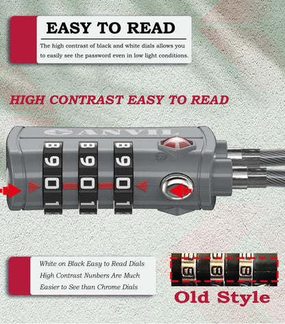 ANVIL TSA Locks for Luggage – TSA Approved Cable Travel Lock with Zinc Alloy Body, 3-Digit Combination Lock for Suitcases, Backpacks, Gun Cases, Zippers (4 Colours)