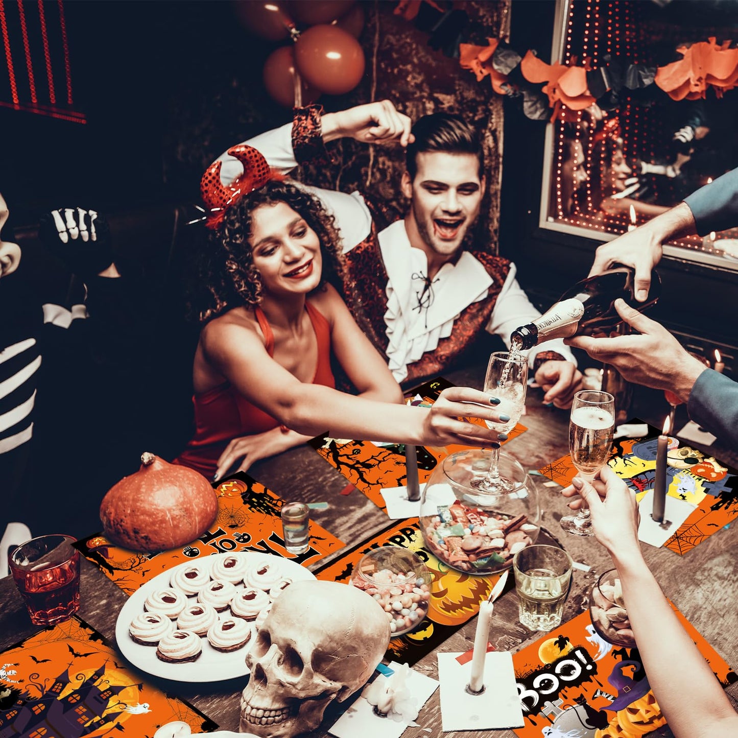 Plastic Placemats Set of 6 Halloween Table Mats - Trick or Treat Kitchen Decor - Wipe Clean, Washable, Recyclable - Orange Place Mats for Indoor/Outdoor - Heat Resistant - Kitchen/Dining Table