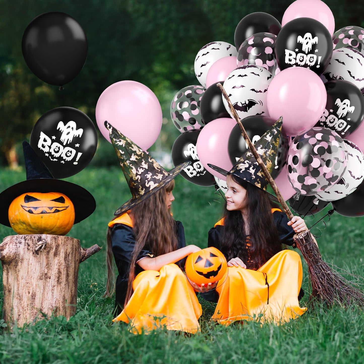 FunHot Halloween Party Balloons, 60Pcs Pink Black Halloween Balloon, 12 Inch Black Pink Confetti Balloons Bat Ghost BOO Printed Pattern Balloon with Ribbons for Kids Birthday Halloweens Decoration