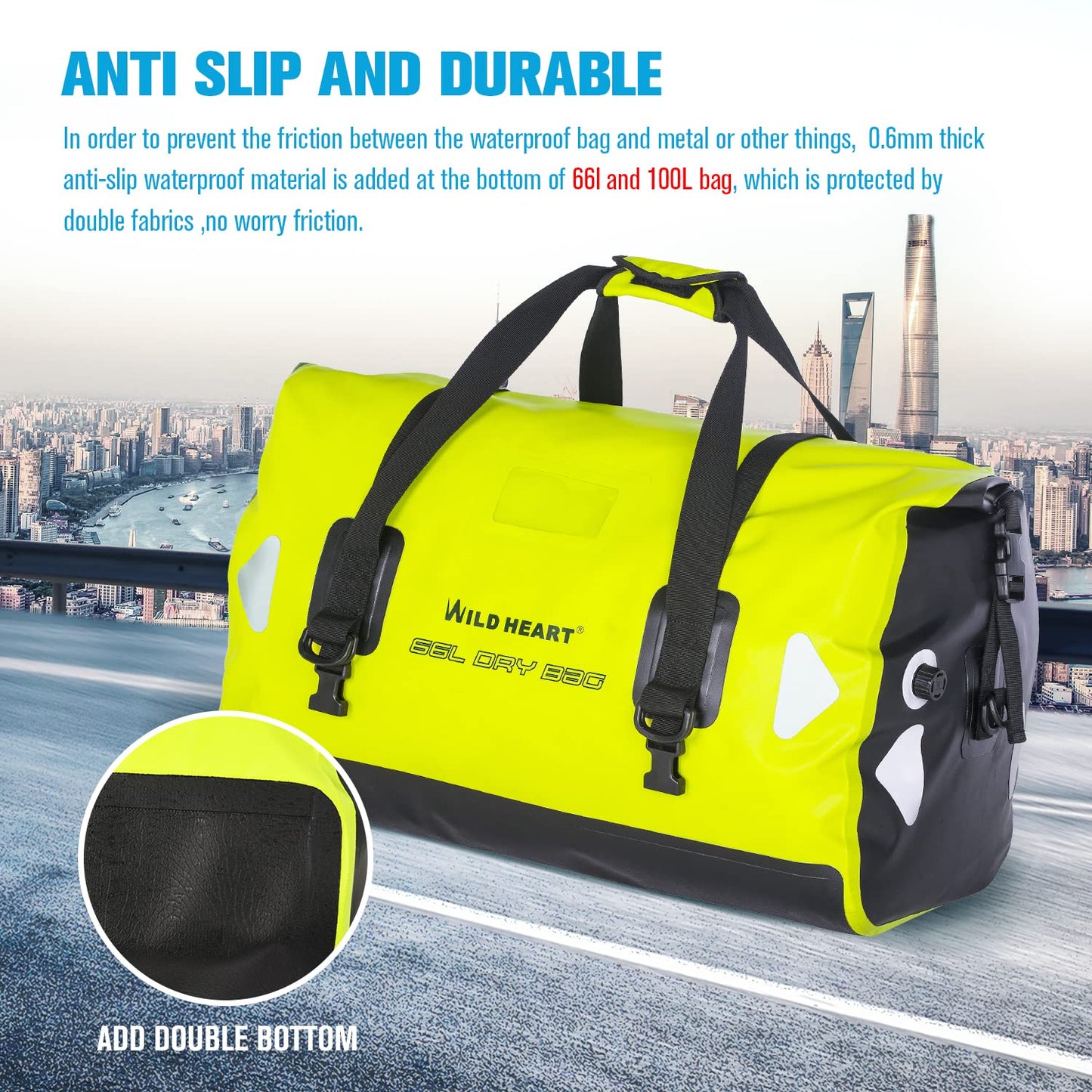 Wild Heart Waterproof Travel Bag PVC500D Double Base with Rope Strap and Inner Pocket 40L 66L 100L, Bright Green, 66L, Waterproof Travel Bag