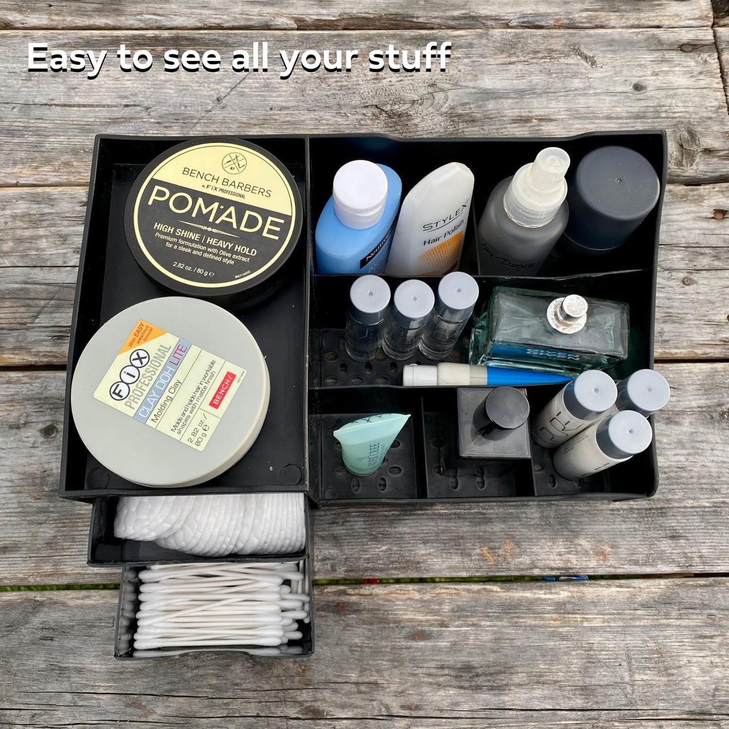 Large Black Cosmetic Organiser - Organiser Box With Drawers for Aftershave, Deodorant, Beard, Shaving Lotion, Perfume & Skincare - Perfect for Mens Bathroom & Bedroom Storage - Uncluttered Designs
