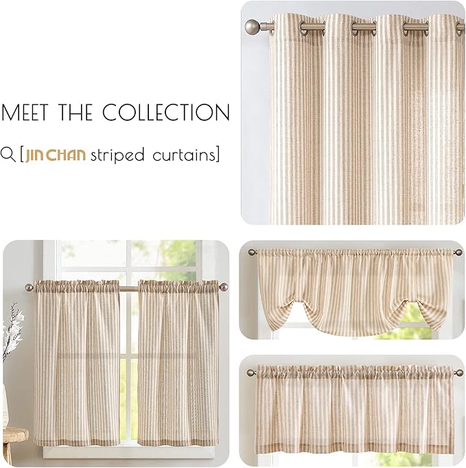 jinchan Tie Top Linen Kitchen Curtains 24 Inch Length Striped Tier Curtains Ticking Stripe Small Drapes for Living Room Bathroom Cafe Small Window Farmhouse Rustic Rod Pocket 2 Panels Tan