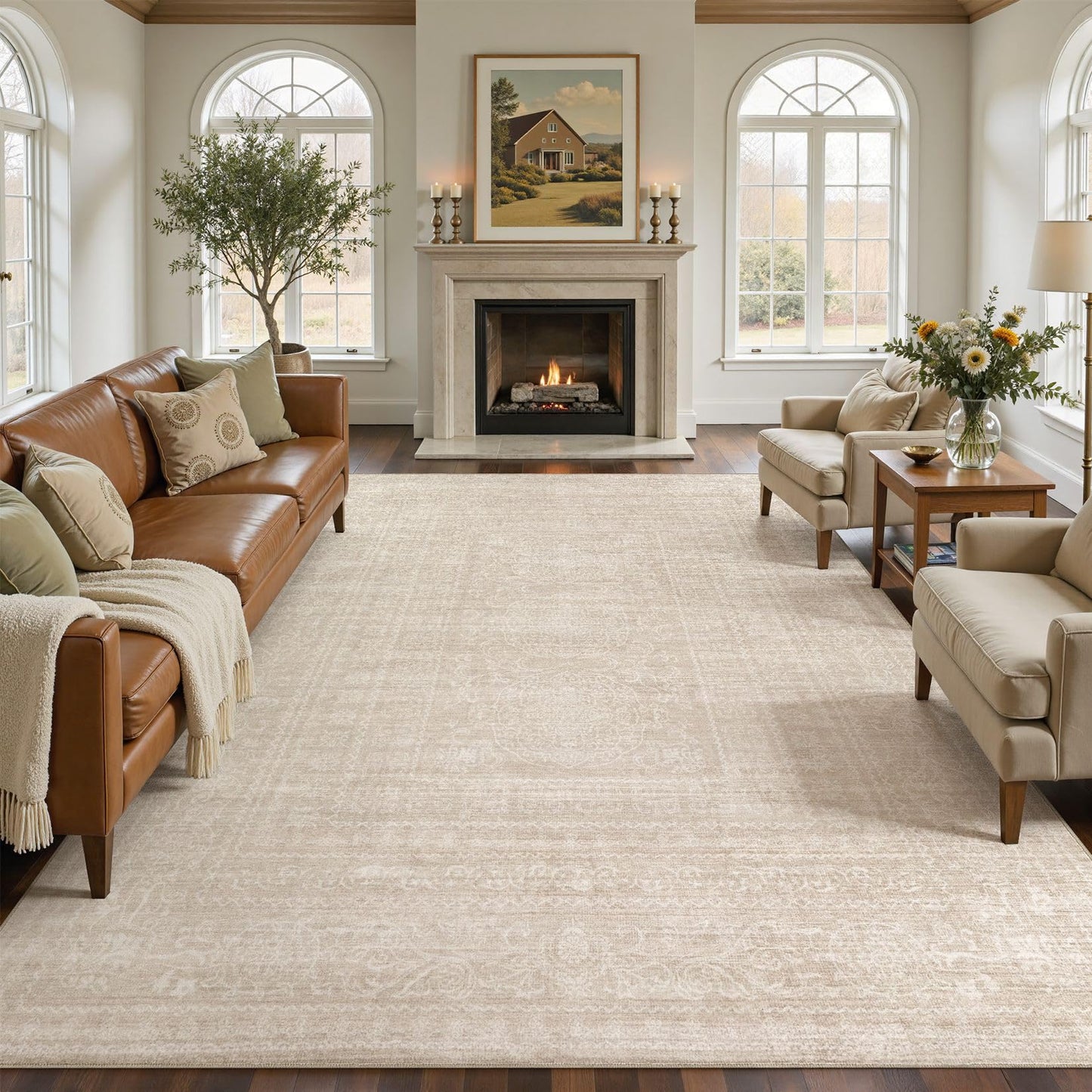 Nakagishi 10x14 Area Rugs Living Room: Washable Large Vintage Rug Neutral Non-Slip Soft Stain Resistant Indoor Carpet for Bedroom Nursery Dining Room Office Playroom - Beige