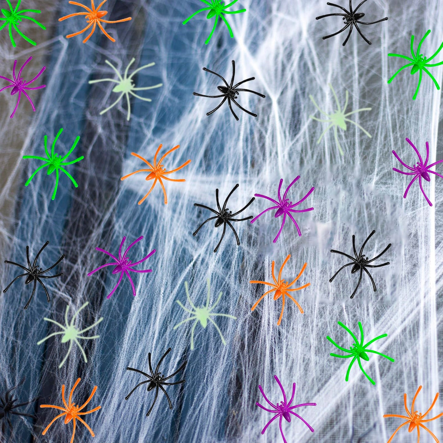 150PCS Plastic Spiders Halloween Small Plastic Spiders Fake Spiders Realistic Spider Toys Prank Props for Home and Party Decor, 2 x 1.8 Inches, Black, Green, Orange, Purple, Glow in The Dark Spiders