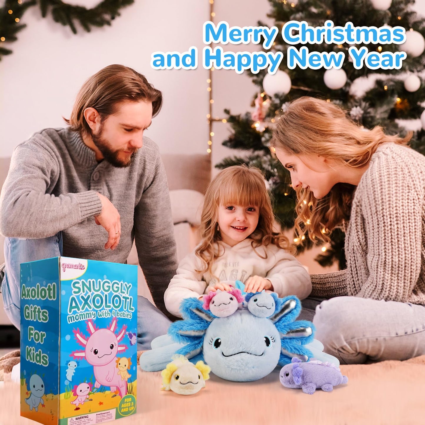 gnomantic 5 Pieces Axolotl Stuffed Animals with Babies Inside Belly - 1 Mommy Stuffed Axolotl with 4 Babies - Blue Axolotls Plush Toy for Kid Age 3-8, Gift Ideal for Christmas, Valentine's, Birthday