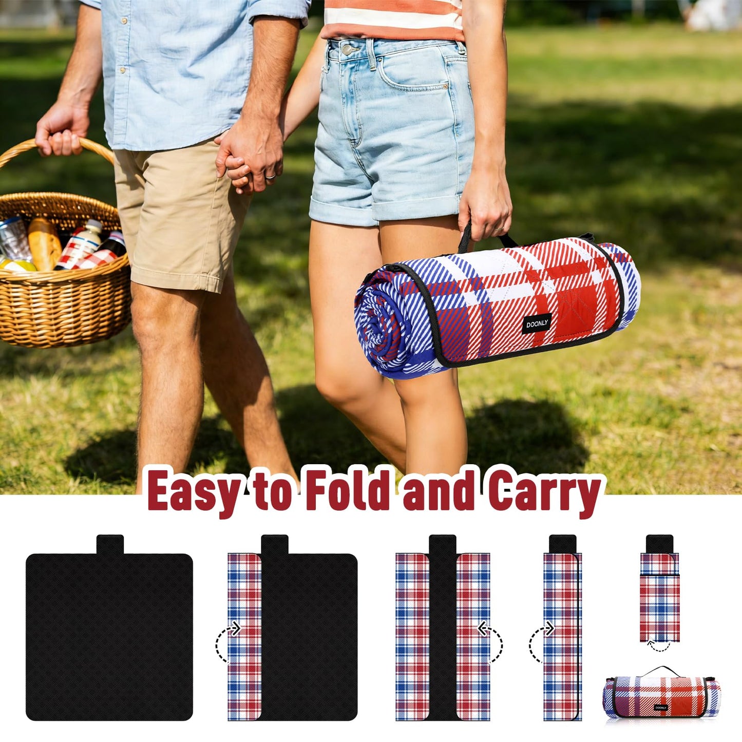 Doonly Picnic Blanket, Large Waterproof Sandproof Beach Blanket, Foldable Outdoor Blanket Picnic Mat for Beach, Camping, Park, Grass, Lawn, Travel, Patriotic Red White and Blue