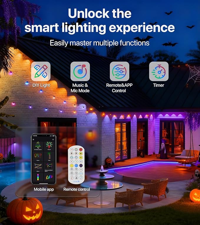Permanent Outdoor Lights for House: 100FT RGB+IC LED Eave Light with Smart APP & Remote Control, 72 Scene Modes, IP65 Waterproof String Lights-Party, Christmas Decoration(Extension Cord Not Included)
