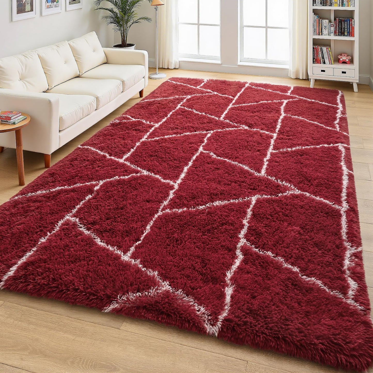 FALARK Fluffy Area Rugs for Living Room Bedroom, Modern Geometric 4x6 Feet Red White Rug, Soft Plush Shaggy Fuzzy Floor Bedside Carpet for Nursery Kids Girls Boys Teen Dorm Home Office Decor