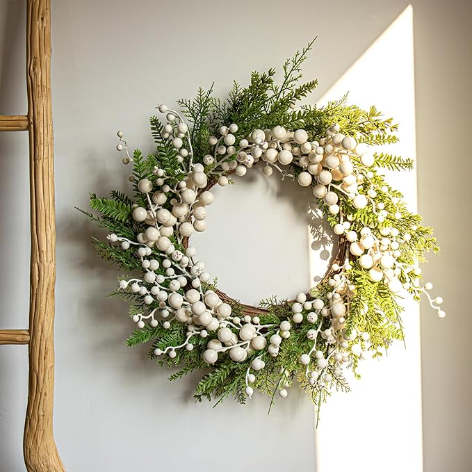 FloralElegance Artificial Winter Wreath 20 Inch White Berry Wreath Winter Wreaths for Front Door with Holly Berries for Xmas Winter Holidays