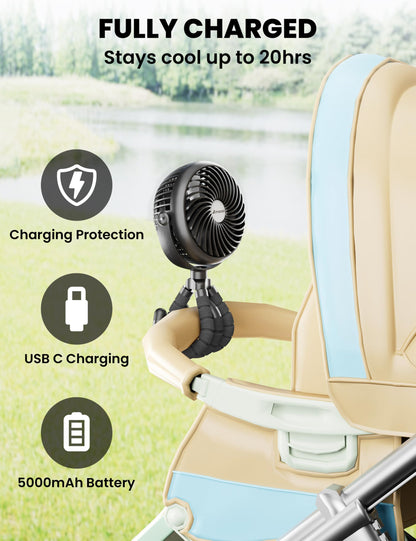 AMACOOL Baby Stroller Fan - 5000mAh Rechargeable, 3-Speed, Strong Yet Quiet, 360°Rotate Portable Clip on Fan for Travel, Car Seat, Crib, Bike, Treadmill, Beach Vacation Essentials