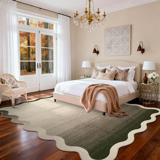 LUXLOOM Large Scalloped Rug 9x12 Non-Slip Contemporary Accent Rugs for Living Room Washable Non-Shedding Ultra-Thin Floor Cover Modern Ombre Indoor Carpet for Bedroom Nursery Kids Room Office Camel