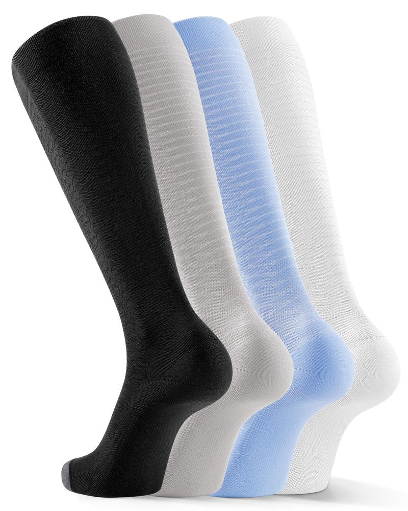 FITRELL 4 Pairs Compression Socks for Women & Men, 20-30mmHg Circulation Support for Athletic Travel Daily Wear, White+Black+Grey+Blue, Small-Medium