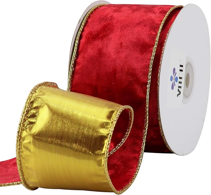 MEEDEE Red Velvet Wired Ribbon 2.5 Inch 10 Yards Double Sided Gold & Red for Christmas Tree, Wreath & Crafts