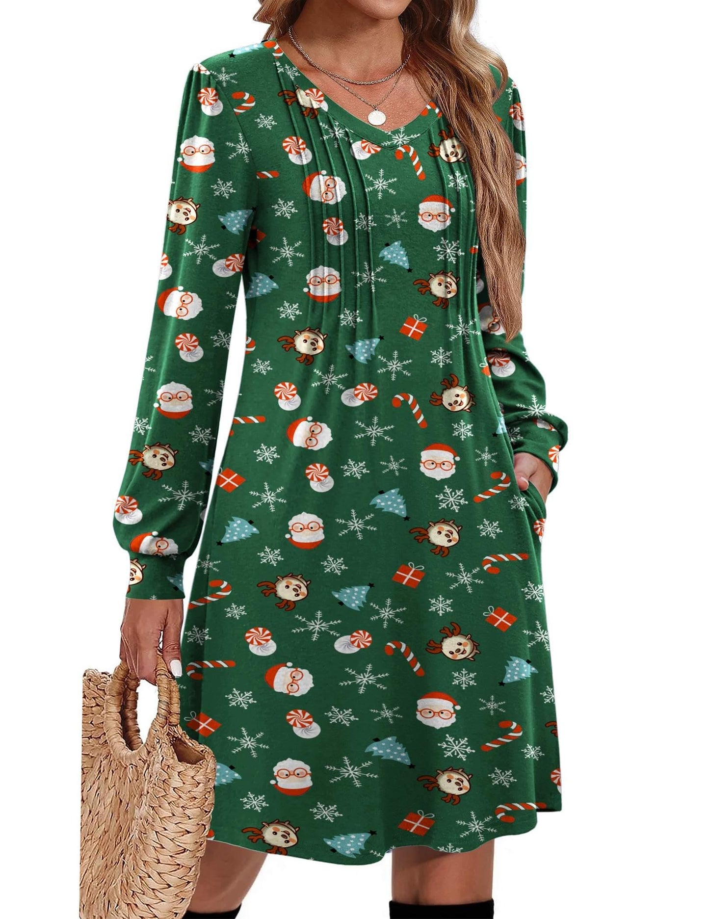 Zeagoo Womens Christmas Dress Santa Xmas Tree Candy Cane Printed Funny Xmas Dresses Creen Ugly Holiday Dress,Xmas Green S