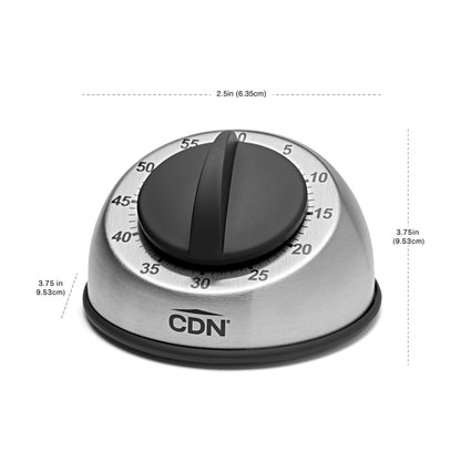 CDN Compact 60-Minute Mechanical Timer | Easy-to-Read 2.5” Dial | Loud 3-Second Alarm | Ideal for Cooking or Baking | Countertop or Wall Mountable | Silver Finish | MT1