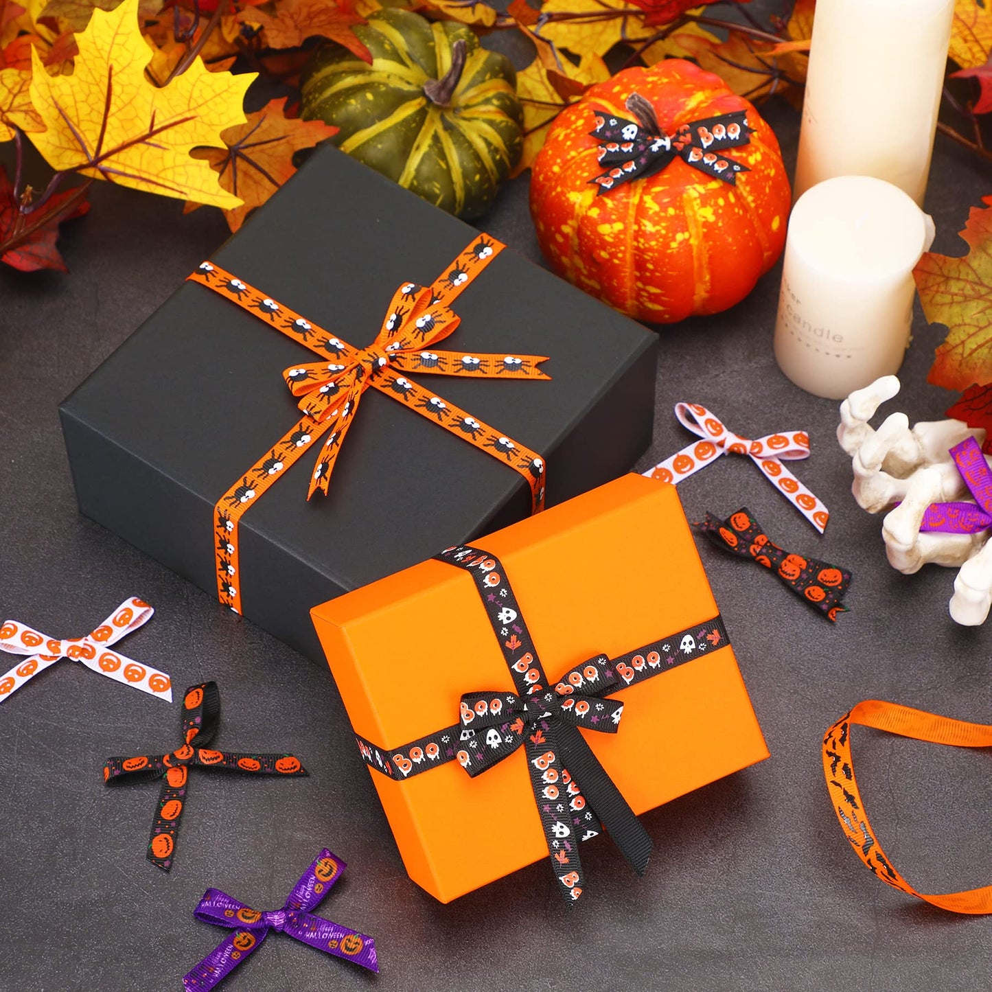 SANNIX 18 Rolls 90 Yards Halloween Ribbon Printed Grosgrain Ribbons 3/8″ Wide DIY Craft Fabric for Halloween Party Decor Gift Wrapping Ribbon