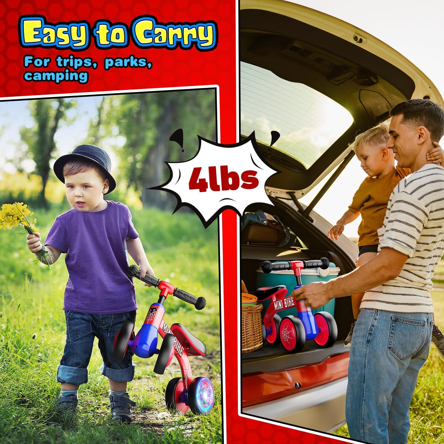 Aetyni Baby Balance Bike 1-2 Year Old: Spider Toddler Bike Baby Bike for 10-24 Month with Colorful Lighting & 4 Wheels First Riding on Toys Spider Easter Birthday Gifts for One Year Old Boy Girl Gifts