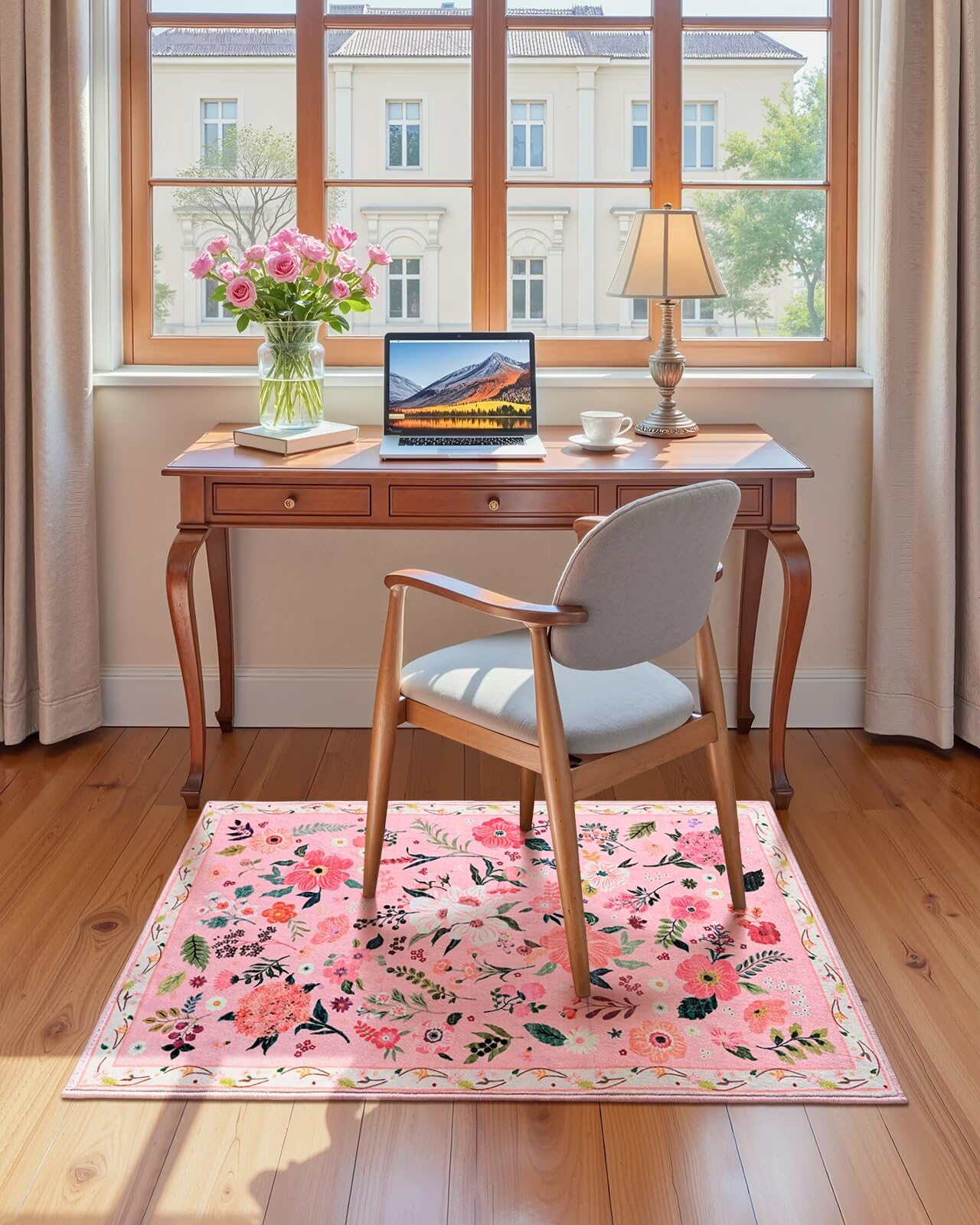 Macgace 2x3 Pink Floral Rug for Entryway, Flowers Printed Washable Small Rugs with Non Slip Backing for Girls Bedroom Kitchen, Cute Throw Carpet Front Door Entry Decor