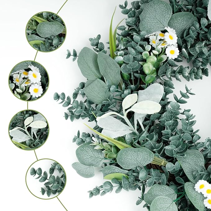 Wreath for Front Door, 18 Inch Spring Summer Eucalyptus Wreaths, Handmade Greenery Wreath All Season for Outside Window Wall Festival Farmhouse Indoor Outdoor Party Holiday Wedding Home Decor
