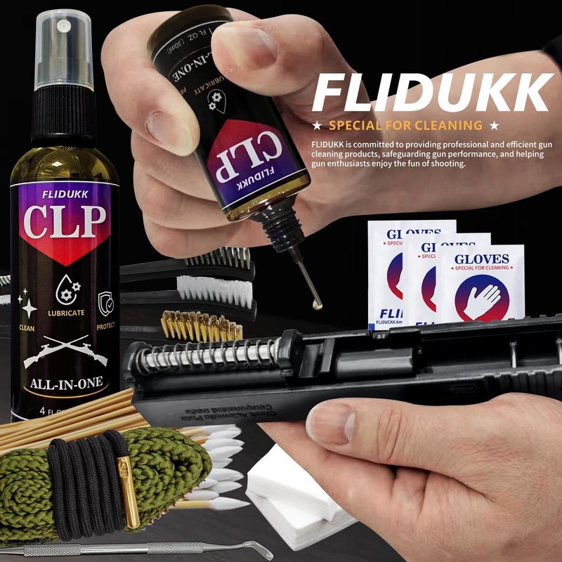FLIDUKK 9mm Bore Cleaner+ 5oz CLP Oil (Needle+Spray) Gun Cleaning Kits,Gun Cleaning Supplies with Bore Cleaning Snake,Gun Cleaning Patches,6-inch Long Swabs,Gun Brushes,Metal Pick,Gun Cloth,Glove,Box
