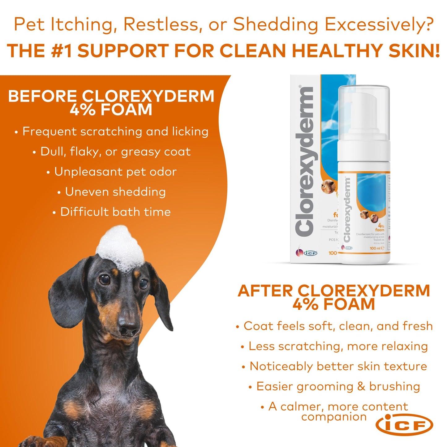 Clorexyderm 4% Foam Mousse - Dry Shampoo for Dogs & Cats - Antibacterial & Antifungal - Dry Itchy Skin Relief – Moisturises, Soothes & Softens Skin & Coat - Easy Alternative to Wet Bathing - 100 ml