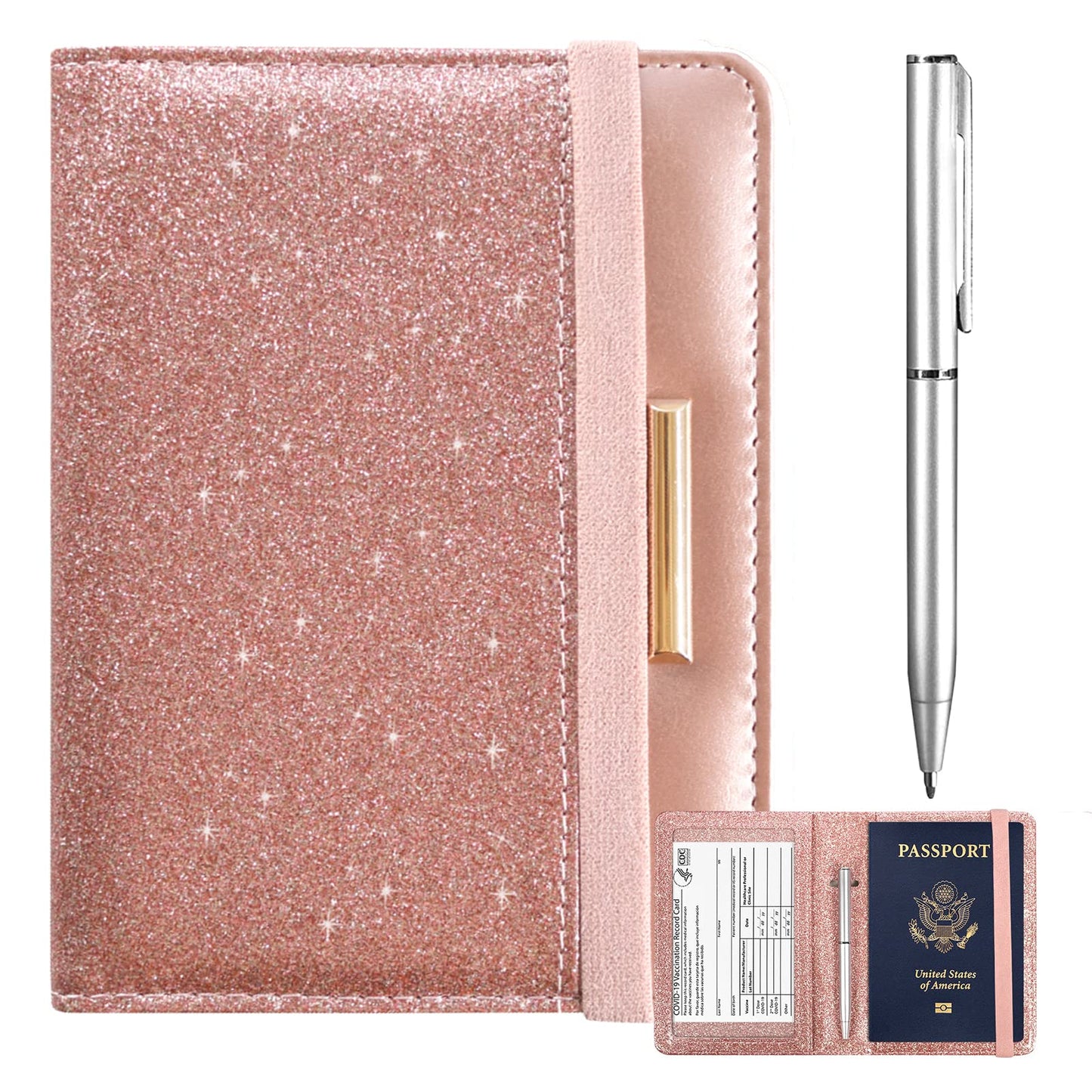 Caweet Passport Holder and Vaccine Card Holder Combo RFID Blocking Leather Vaccination Card Wallet with Elastic Band Closure, Glitter Rose Gold