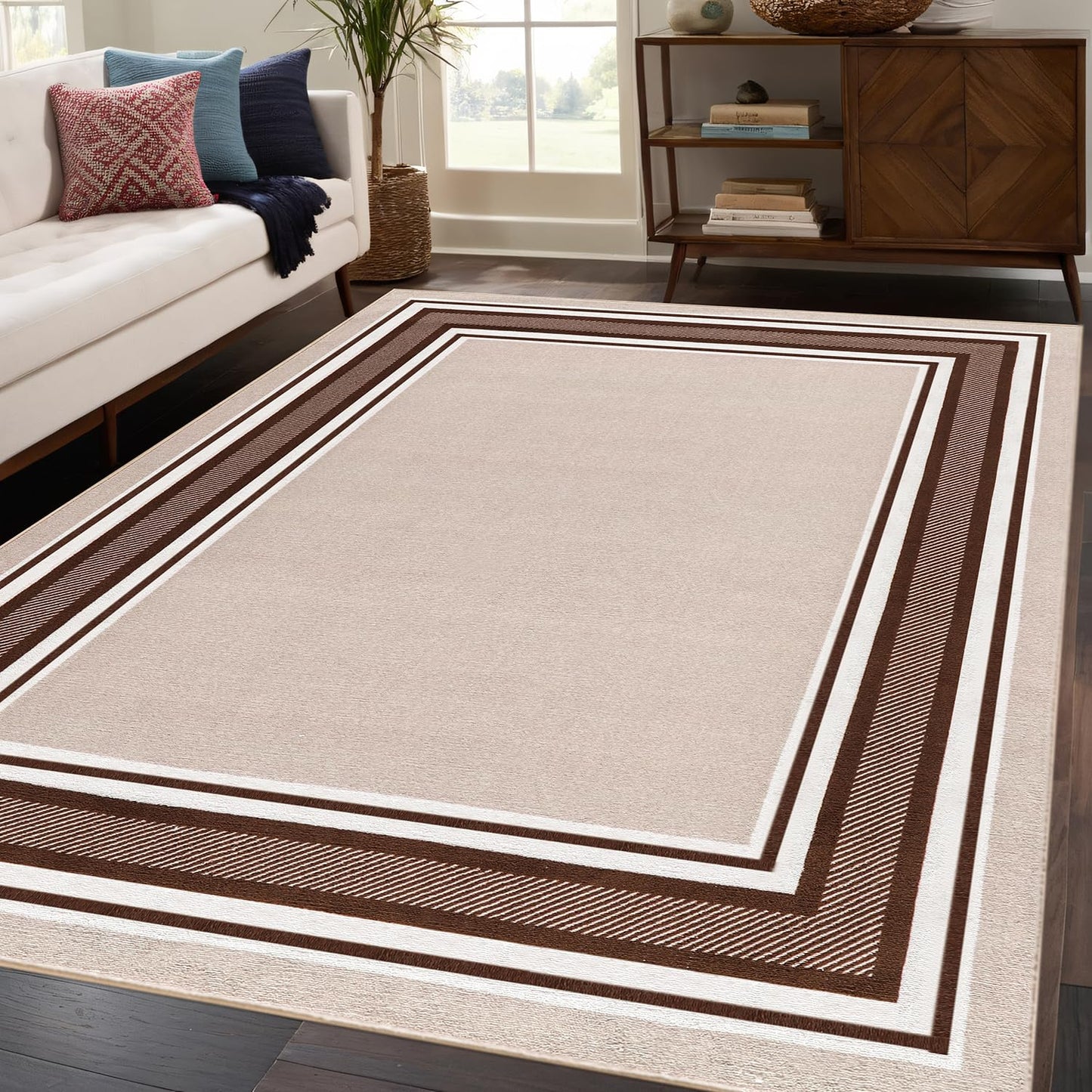 Beverly Rug Non Slip Area Rugs 5x7 Modern Bordered Non Skid Rubber Backing Soft Area Rug for Living Dining Room Easy to Clean Non Shedding Kitchen Bedroom Indoor Carpet 5 x 7 Beige-Brown