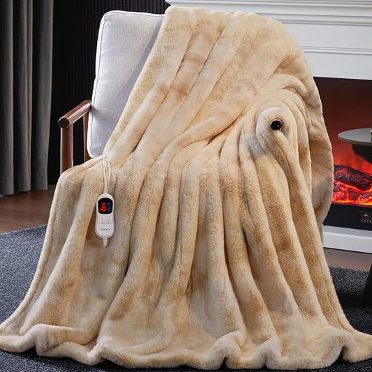 Guohaoi Heated Blanket Electric Throw, Soft Faux Rabbit Fur Electric Blanket with 10 Heating Levels 5 Sitting Timer Auto Off, Cozy Warm Heating Blankets, Machine Washable(84"×90" Beige)