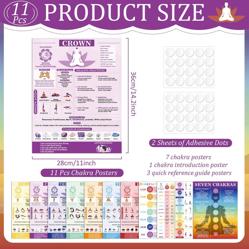 11pcs Chakras Posters (14.2 x 11.0 in) Yoga Poses Posters Set, Healing Meditation Yoga Pose with Crystals & Affirmations Quick Reference Guide, Spiritual wall art Gifts for Yogas Reiki Room Home Decor
