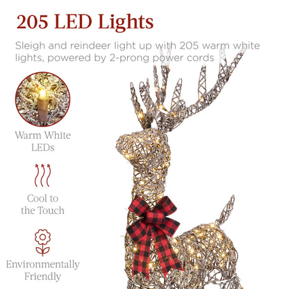 Best Choice Products Lighted Christmas 4ft Reindeer & Sleigh Holiday Outdoor Yard Decoration Set w/ 205 LED Lights, Stakes, Zip Ties - Rattan