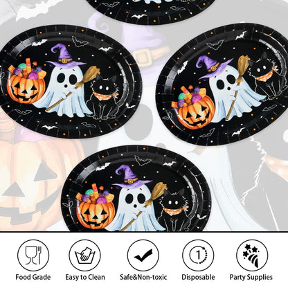 50Pcs Halloween Oval Paper Plates 10" x 12" Large Disposable Heavy Duty Cute Pumpkin Ghost Black Cat Paper Platters Jack-O-Lantern Dessert Plates for Halloween Birthday Holiday Party Supplies
