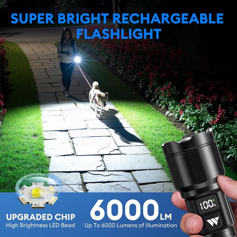 Rechargeable Flashlights - High Lumens LED Tactical Flashlight with LCD Power Display | Zoomable, 15H+ Runtime, IP65 Waterproof for Home & Camping