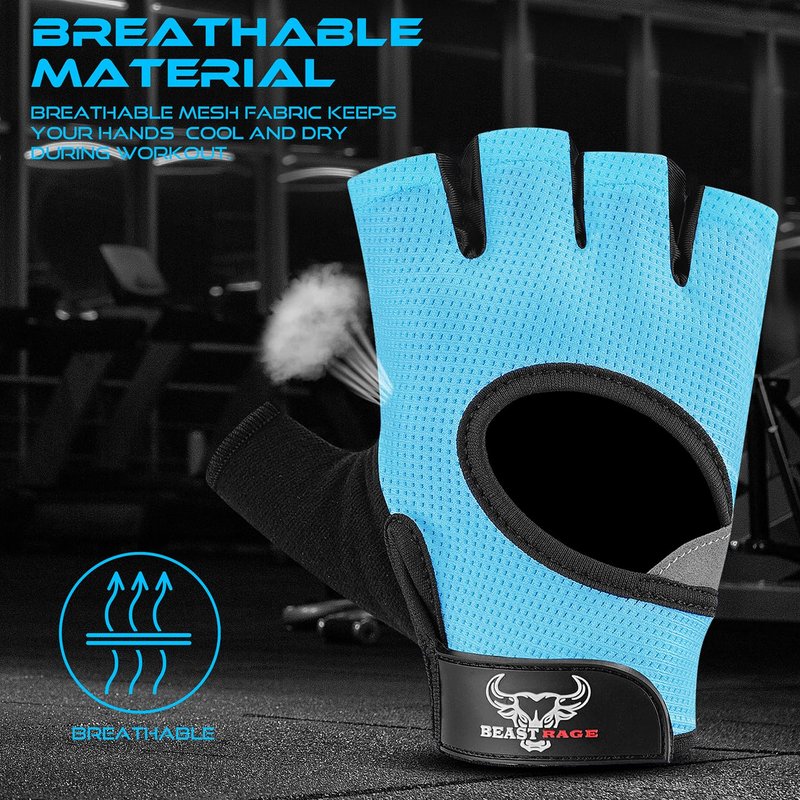 BEAST RAGE Workout Gloves, Men & Women Fingerless Weight Lifting Gym Gloves with Palm Protection, Breathable, Lightweight, Cycling Pull Up (Aqua, S)